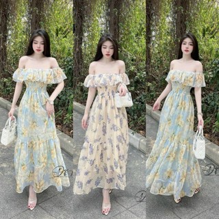  Đầm váy nữ maxi voan hoa trễ vai họa tiết nhún tầng chạy mocking tôn dáng xinh xắn đi chơi đi biển