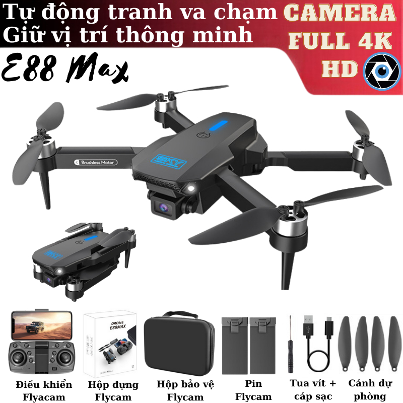 PIycam Mini, Flycam Giá Rẻ, Máy Bay Không Người Lái E88 MAX Camera Kép 4K Full HD,Chế Độ Cảm Biến Tránh Va Chạm Tự Động | BigBuy360 - bigbuy360.vn