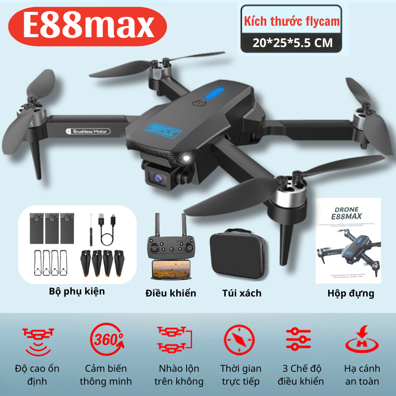 Flycam Mini Giá Rẻ Drone E88 Pro, Máy Bay Điều Khiển Từ Xa 4 Cánh Cao Cấp 2 Camera Pin 1800mAh bay 18 Phút