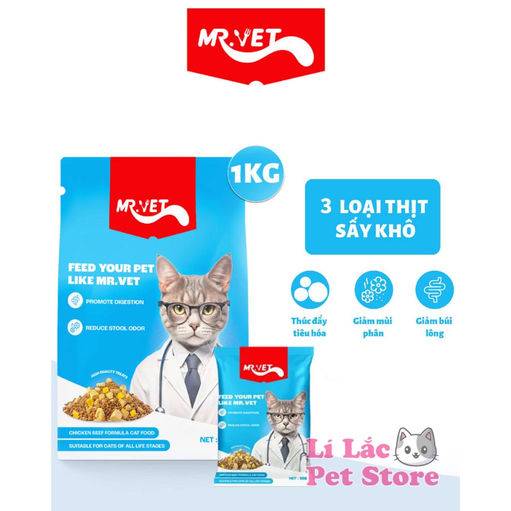 [Tặng kèm gói sample 50g] Thức ăn hạt cho mèo mọi lứa tuổi Mr.Vet 1 Kg - Hạt cho mèo MrVet 1 Kg