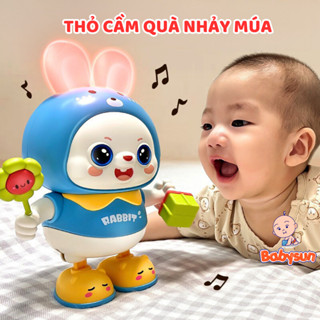 Thỏ cầm hoa cầm quà thỏ nhảy múa vui nhộn, đồ chơi robot có đèn nhạc di chuyển, quà tặng bé trai bé gái- Tặng kèm pin