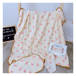 Combo đi sinh: khăn tắm muslin 4 lớp jubon+ hộp 6 khăn sữa 2 lớp boona + gối xô lót đầu muslin 10 lớp cho bé sơ sinh