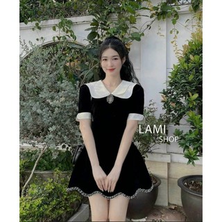 Đầm nhung cổ bèo lươn sóng, váy ngắn xòe trẻ trung xinh y hình