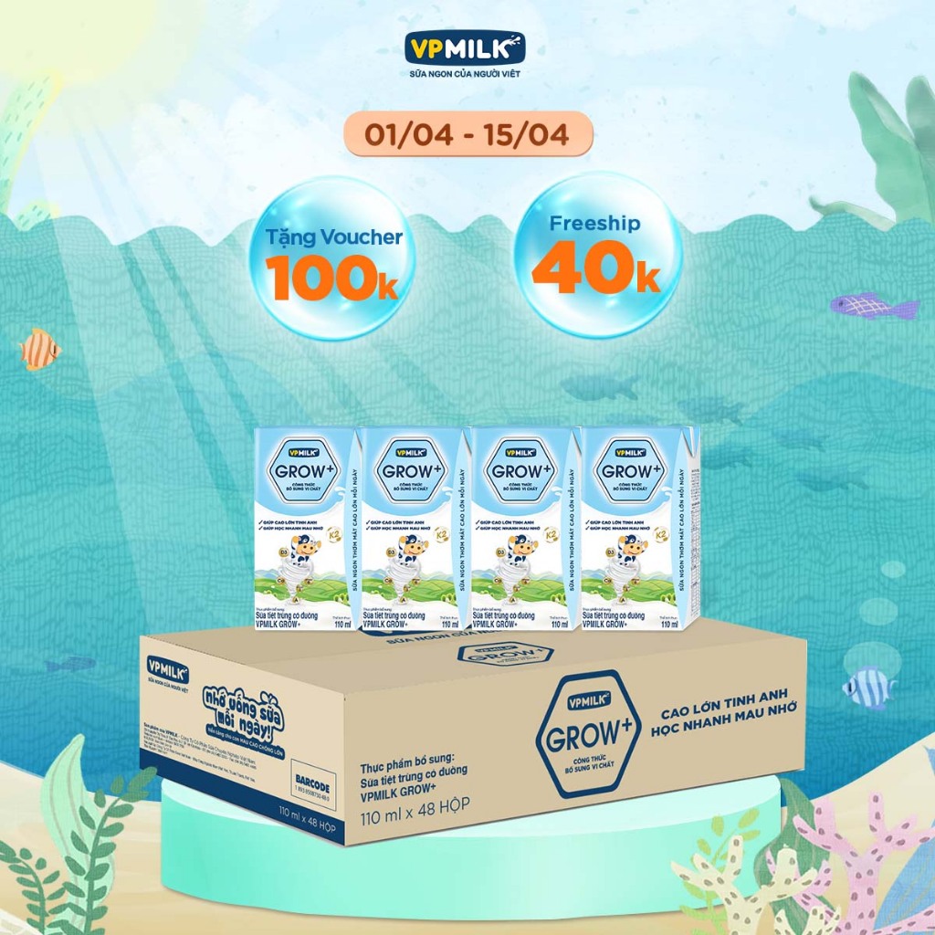 Sữa tiệt trùng VPMilk Grow+ hộp 110ml (thùng 48 hộp)