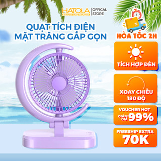 Quạt tích điện để bàn mini mặt trăng tích hợp đèn ngủ để bàn văn phòng, 3 mức gió thiết kế nhỏ gọn hiện đại Hatola