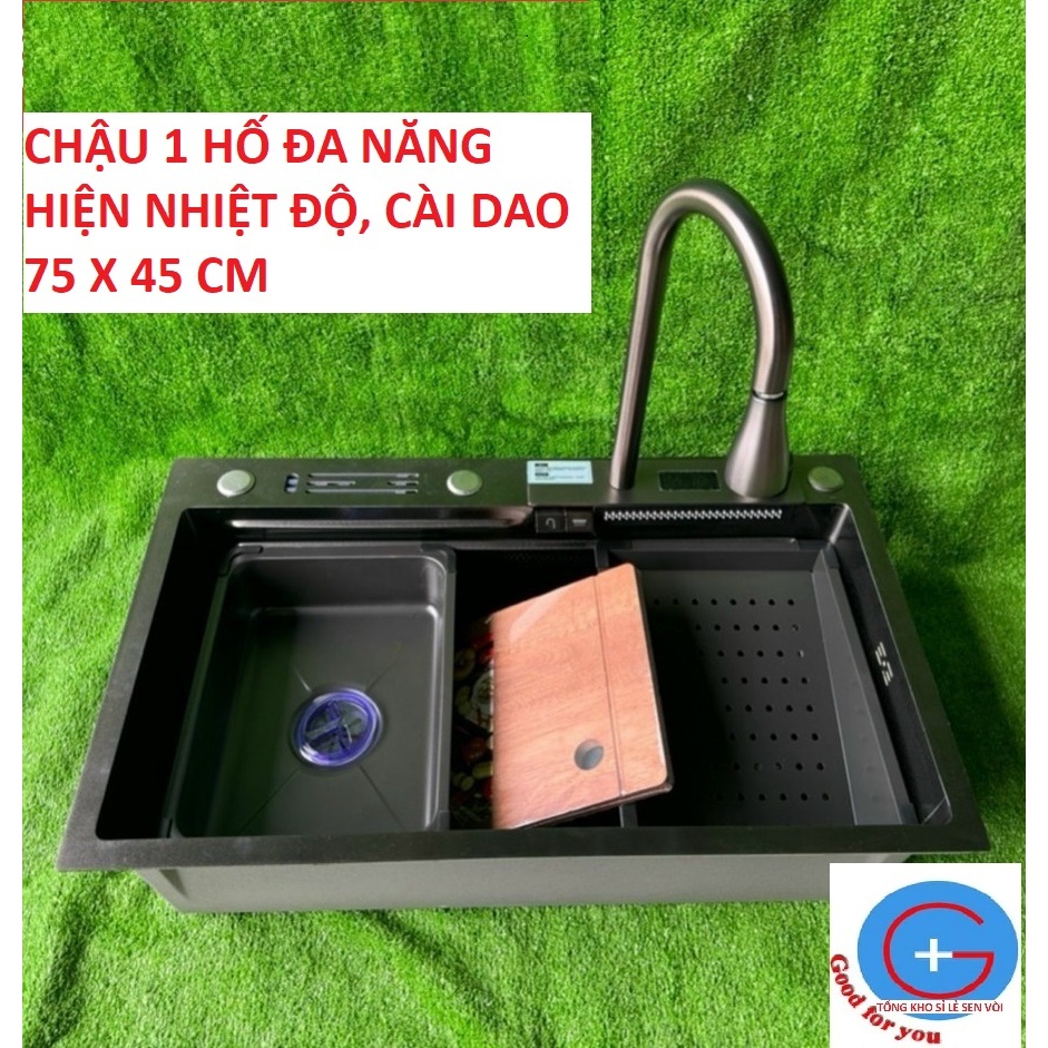 Chậu rửa bát 1 hố 304 mạ nano , hiện thị nhiệt độ,có cài dao| chậu rửa bát 1 hố 75 x 45 đa năng| chậ