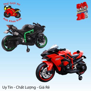 Xe máy điện trẻ em moto điện có đèn bánh xe có chân gas tự lái cho bé mẫu Ninja H2r Anh Khoa Kids