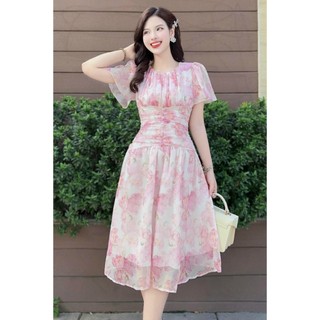 Đầm Hoa Mẫu Mới Chất Voan Tơ Mềm Mịn Cổ Tròn Xếp Ly Tay Ngắn Nhúng Eo Nút Bọc From Váy Xòe Mát Mẻ