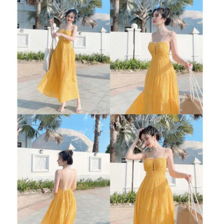 Đầm maxi dáng dài đi biển chất đũi nhăn có đệm ngực, váy đi biển hở ngực sexy dạo biển sang chảnh