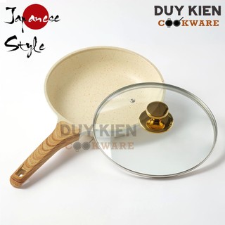Chảo Chống Dính Bếp Từ Vân Đá Có Nắp Vung Kính, Chảo Đáy Từ Ceramic Màu Trắng Kem Sang Trọng, Cao Cấp [HÀNG MỚI ĐĂNG]