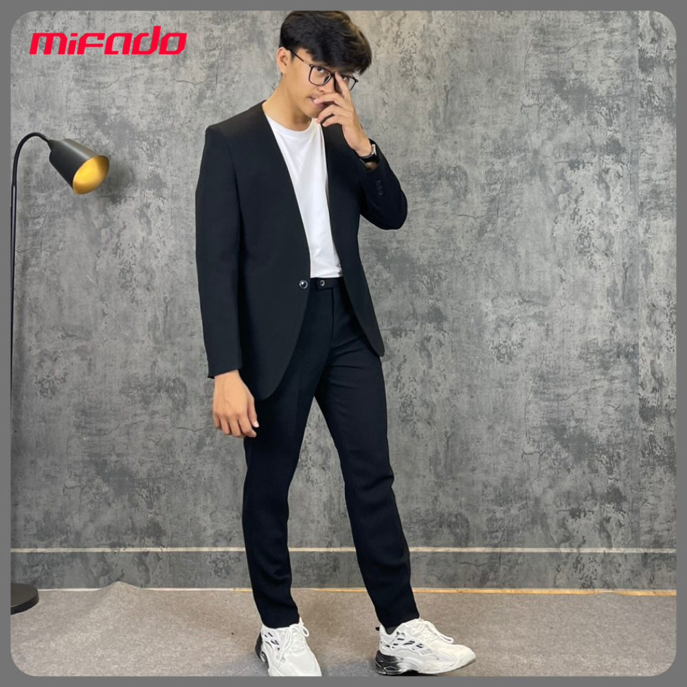 Set áo Blazer nam không cổ quần dài MIFADO bộ quần áo khoác vest dài tay quần công sở dự tiệc thời trang Hàn Quốc