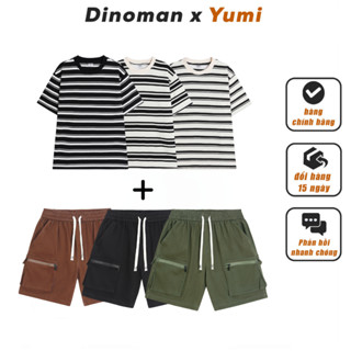 Combo Áo Thun Kẻ Cotton và Quân Short Túi Hộp Kaki DINOMAN Phong Cách Hàn Quốc