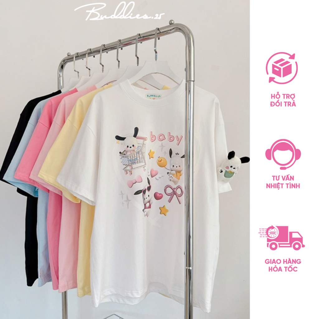 Áo thun Buddies.25 Áo Thun Nữ In Hình Baby Gắn Gấu Tai Đen Siêu Cute Chất Vải Thoáng Mát, Thoải Mái 