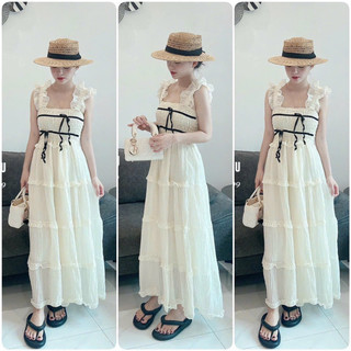 Váy maxi đi biển chun ngực nhún tầng đính nơ đũi tơ hai lớp dáng dài đi biển sang chảnh thời trang