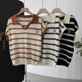 Aó len mongtoghi tay hến chipxinhxk họa tiết sọc ngang thêu hình mickey scta228
