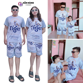 Bộ Ngắn Nam Đồ Bộ nữ mùa hè thể thao vải thun lạnh BIA TIGER BẠC ,đo ngủ mặc nhà Phối áo tay cộc Quần Short lưng thun