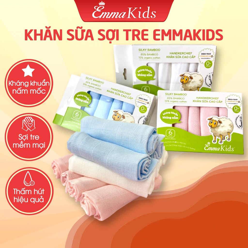 Khăn Sữa Sợi Tre Emmakids, Hộp 6 Khăn Sữa Mềm Mại, Chất Liệu Vải Cao Cấp