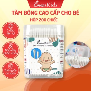 Tăm Bông Ngoáy Tai Trẻ Em Emmakids, Bông Tăm Sơ Sinh Đầu Nhỏ, 2 Đầu Dẹt và Tròn, Hộp 200 Que Thân Giấy