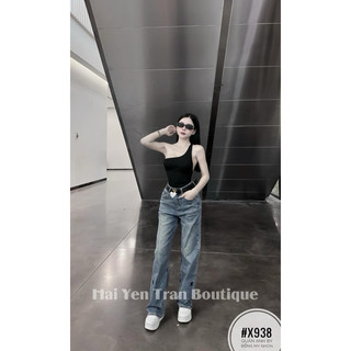 Quần xuông jean thêu ce lin kèm đai #x938