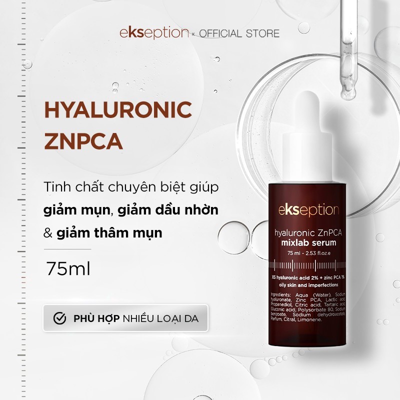 Serum Ekseption Hyaluronic ZnPCA, HA + 1% ZnPCA giảm mụn, kiềm dầu 75ml