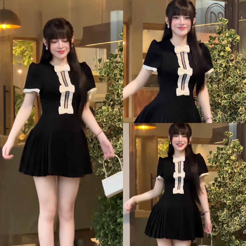 Váy nữ phối nơ dập ly dáng xoè ngắn T17