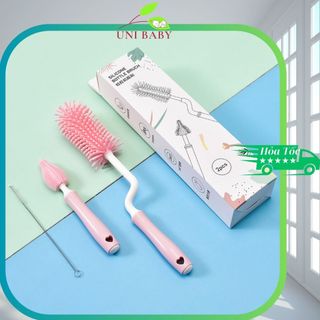 Bộ cọ rửa bình sữa silicon 3 chi tiết, cao cấp, tay cầm xoay 360 độ dùng cho mọi loại bình an toàn cho bé Uni Baby
