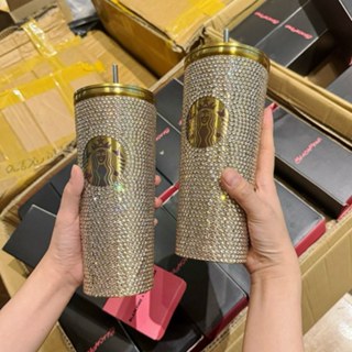 Ly giữ nhiệt Starbucks đính đá Rhinestone 750ml, Bình nước inox 340 nắp kín fullbox hãng kèm ống hút Qimato BTS