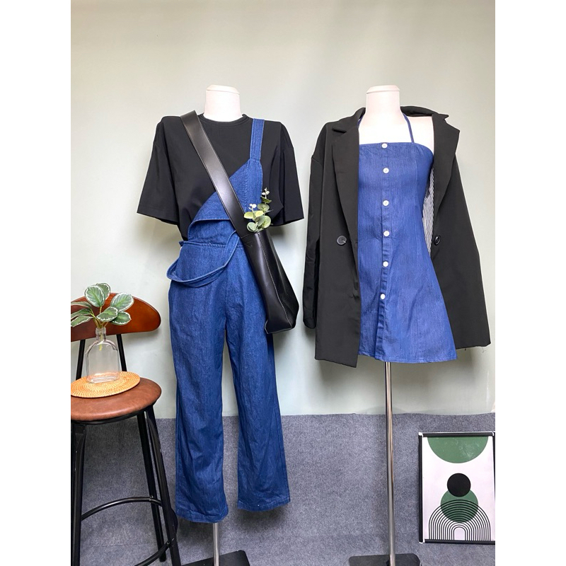 2hand. Yếm jean/ Blazer đen oversize/ Áo thun Hàn