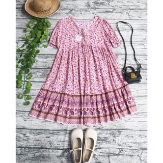 Váy babydoll hoa nhí đầm nữ tay bồng thổ cẩm