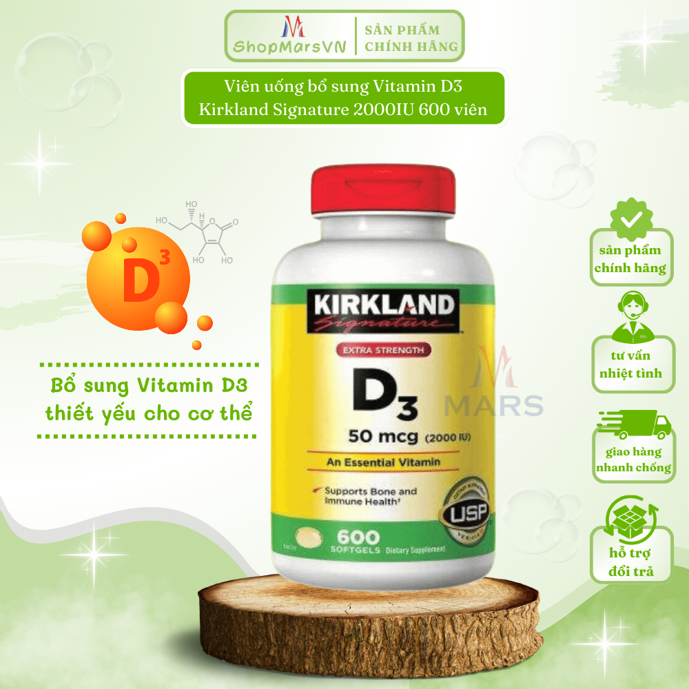 Viên uống bổ sung Vitamin D3 Kirkland Signature 2000IU 600 viên date 2026- Shopmarsvn