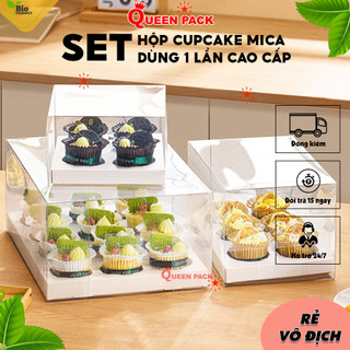 Set hộp đựng bánh cupcake kèm khung mica đựng bánh trứng tart, bánh cupcake 4 bánh, 6 bánh, 12 bánh màu trắng