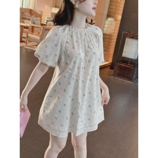 Đầm babydon thời trang nữ chất xước gân phối ren cổ tròn tay ngắn phồng váy chữ A dài trên gối mini qc