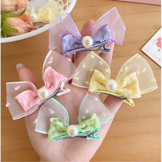 Set 2 kẹp mỏ vịt nơ cho bé đính đá trắng nơ voan cát dễ thương