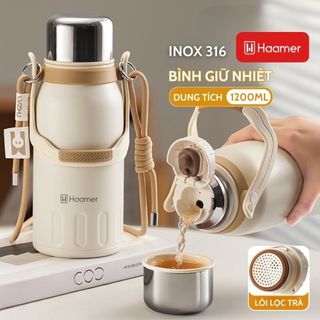 Bình giữ nhiệt haamer inox 316 an toàn thực phẩm, ly giữ nhiệt 24h, 1200ml, nắp tách thành cốc tiện lợi - b007