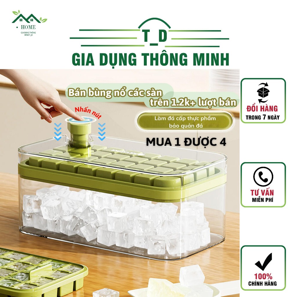 Khay làm đá siêu thông minh chất liệu nhựa PET,Hộp khay làm đá thông minh nhấn nút,Khay đá 64 viên-Tặng Kèm Xẻng Xúc Đá