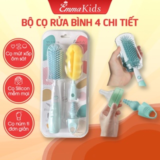 Cọ rửa bình sữa 4 chi tiết emmakids, bộ cọ núm ti bình sữa đa năng silicon và mút xốp