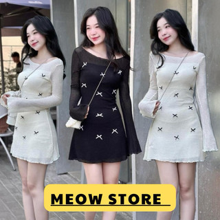 (TỰ CHỤP ) Đầm Ren Lưới xốp boby xoè tay dài đính nơ tiểu thư Hàn Quốc đi chơi