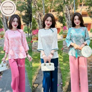 Set đồ lam đi chùa cổ tròn khuy tết đính ngọc lụa gấm hoa Pháp phục đi chùa tay lỡ Đồ bộ đi lễ