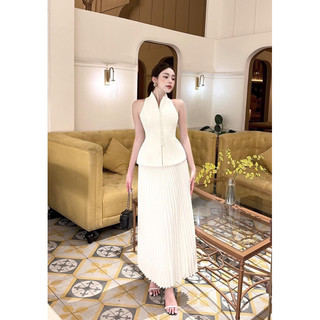 Set vest sát nách nữ thiết kế phối chân váy dập ly sang chảnh tiểu thư by EM Design