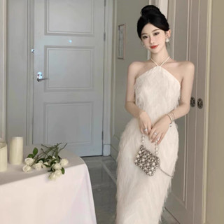  🌸Hàng Oder🌸Váy Đầm Tiệc  Body Yếm Dây Phối Lông Kim Sa Lấp Lánh Dáng Dài Tiểu Thư Sang Chảnh🌸Hàng Quảng Châu 