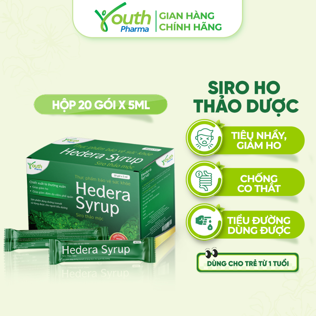 Siro Ho Hedera Syrup Youth Pharma Hỗ Trợ Giảm Ho, Giảm Đờm - Hộp 20 Gói 5ml