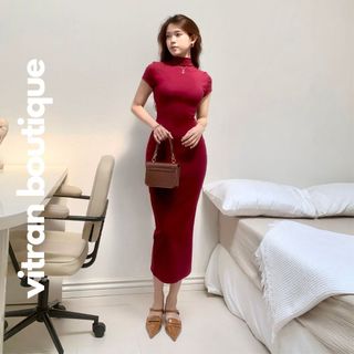 Đầm dáng dài cổ 3 phân vitran boutique thun borip