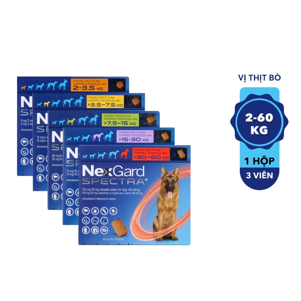 NexGard SPECTRA - Viên nhai dành cho chó size XS S M L XL 2-60kg 1 viên