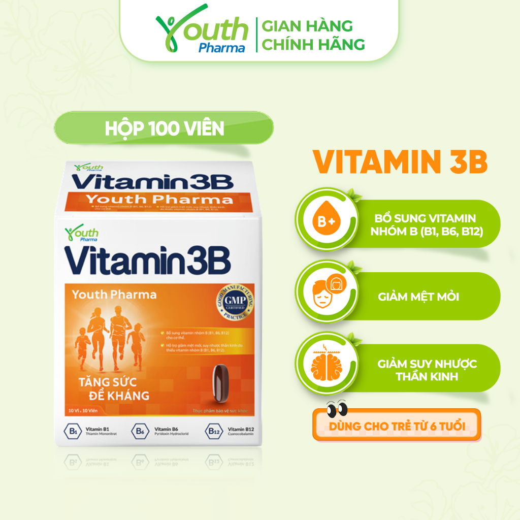 Viên Uống Vitamin 3B Youth Pharma Bổ Sung Vitamin Nhóm B (B1, B6, B12). Hộp 100 Viên