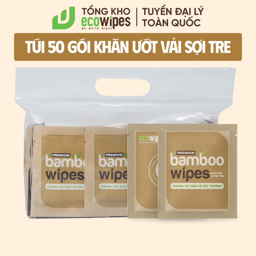 Túi 50 gói khăn ướt vải sợi tre kháng khuẩn cao cấp ecoBamboo Premium gói 1 tờ travel size không mùi