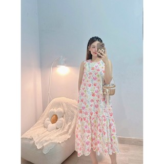 ĐẦM MAXI HOA ĐỎ CỔ TRÒN - Hình Shop Chụp Thật