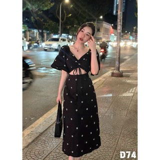 Đầm tay phồng rút dây ngực hở eo in hoa 02388