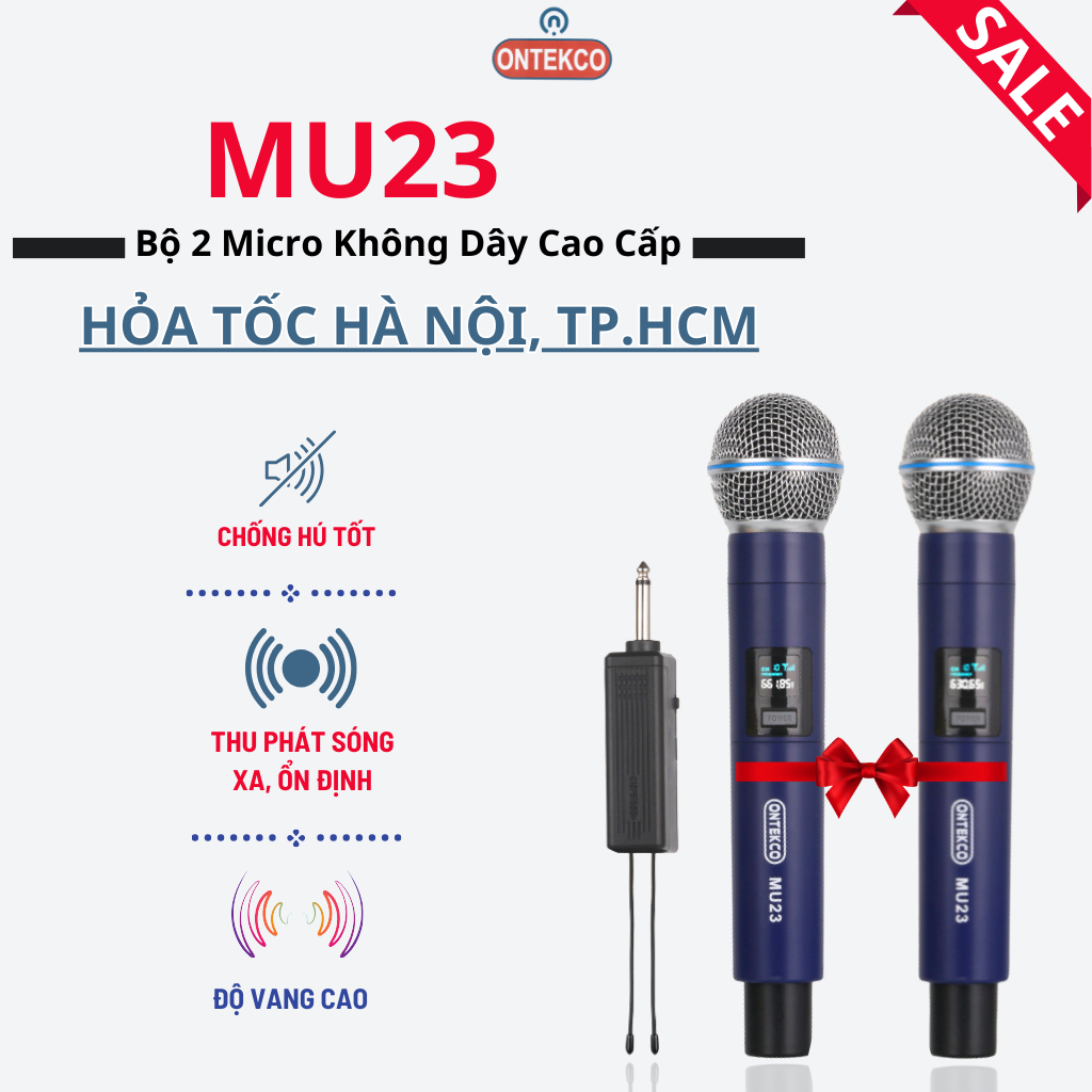 Bộ micro karaoke ONTEKCO không dây MU23 cao cấp, hiển thị tần số, chống hú chống rít chuyên dùng cho loa kéo, amply