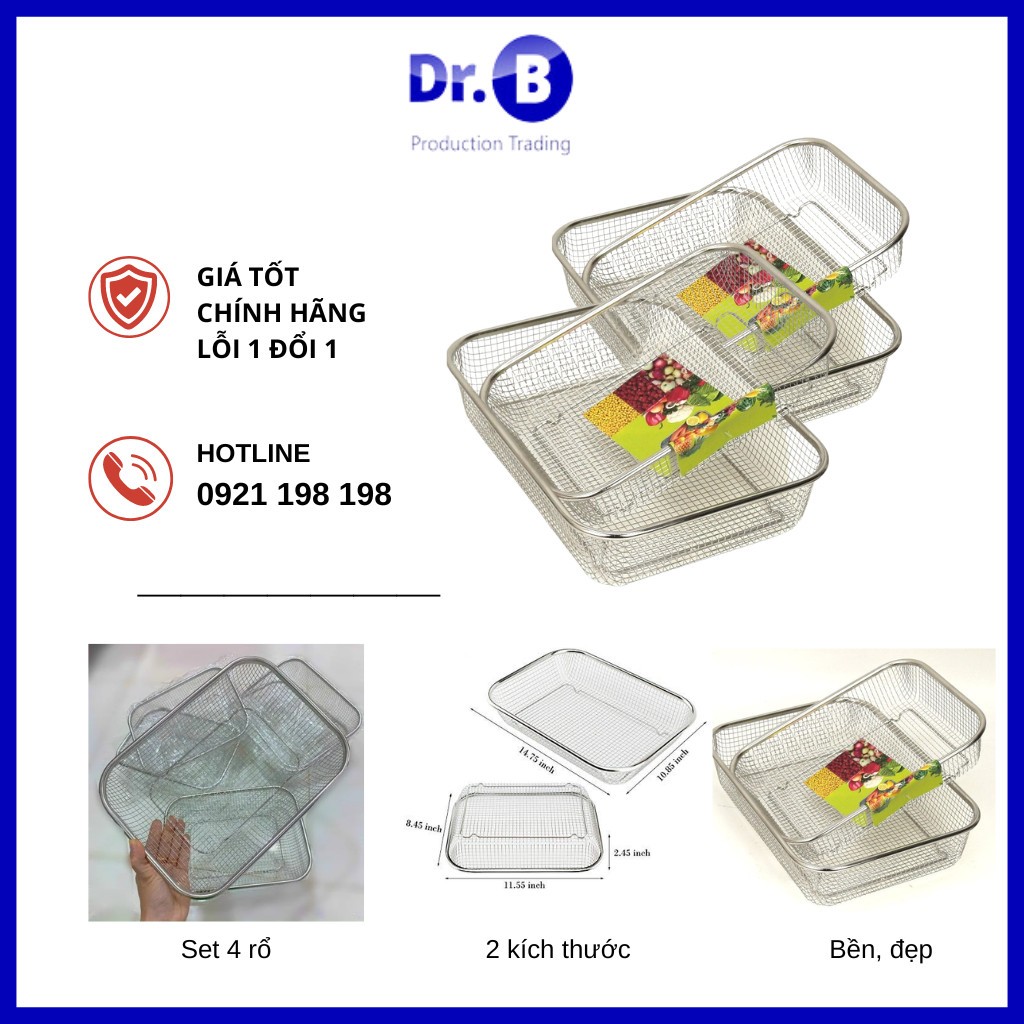Rổ inox chữ nhật bằng inox 304, rổ đựng rau củ quả nhiều kích thước tiện lợi