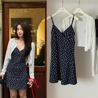  Set đầm hai dây hoa nhí CỔ V sexy kèm áo khoác cadigan